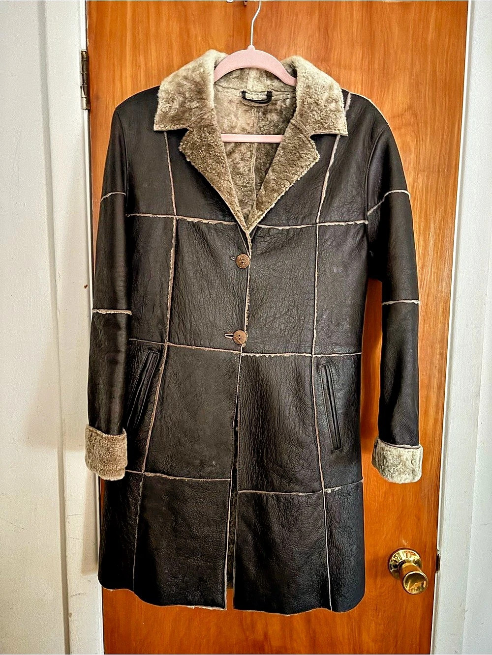 Brazilian Leather Shearling Coat Dark Chocolate Petite/Small